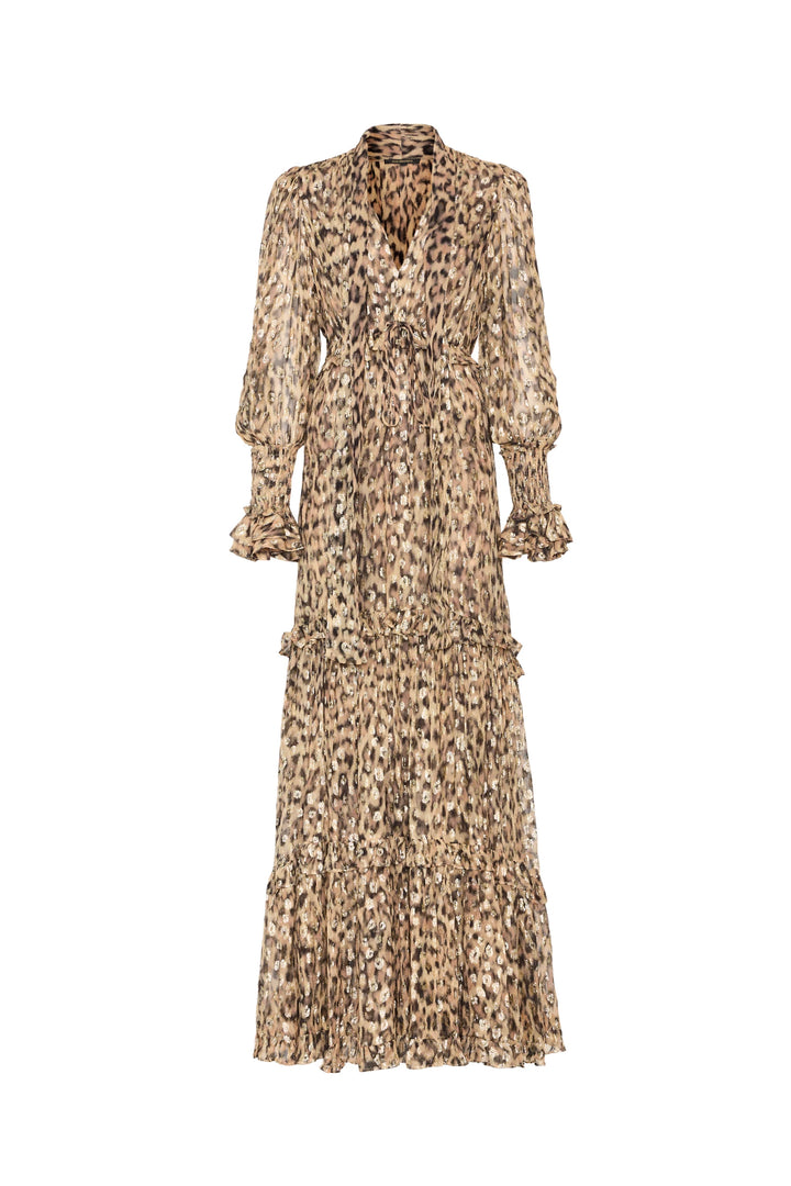 Long-sleeve, tiered midi dress with gathered skirt and crew neckline in printed fabric, front view on white.