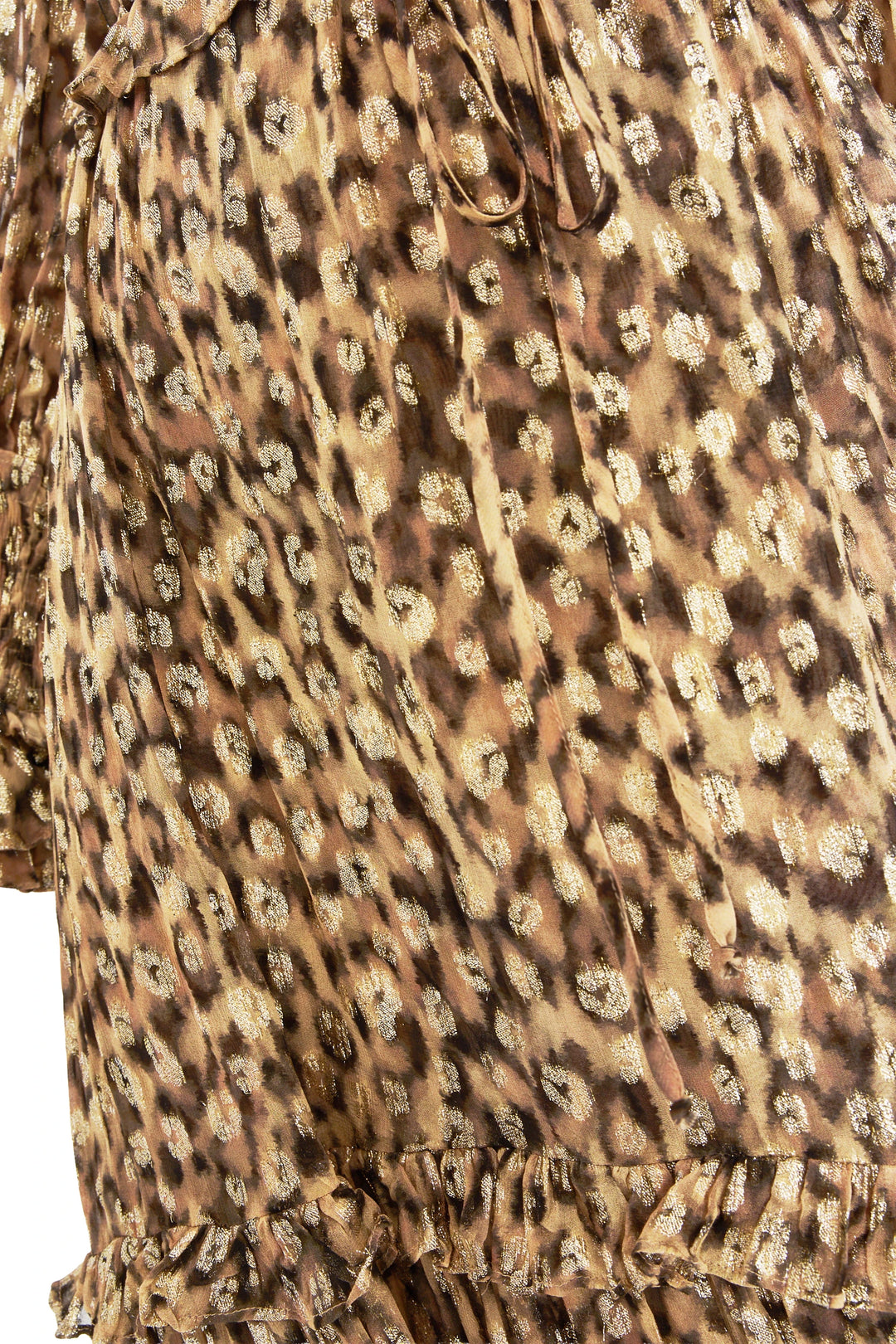 Ruffle trim and tie detail on Dana Printed Animal Dress in animal print crepe fabric, detail view.