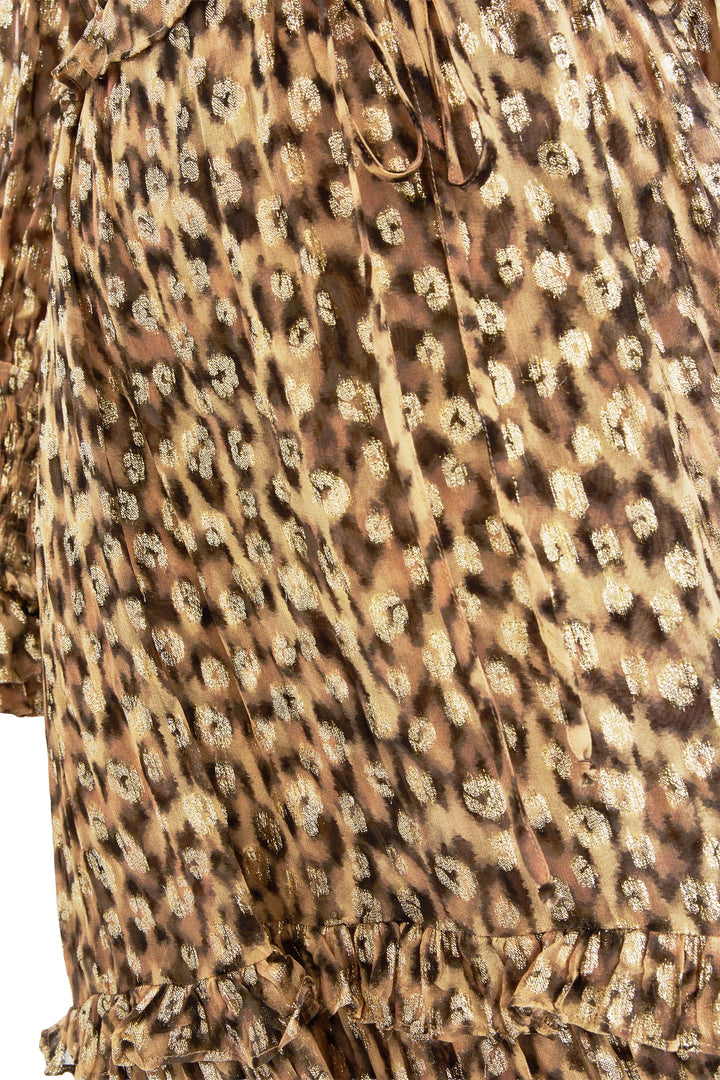 Ruffle trim and tie detail on Dana Printed Animal Dress in animal print crepe fabric, detail view.