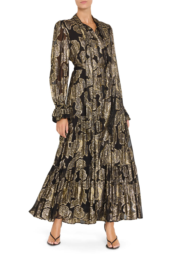 Rian Lurex Jacquard Long Dress: metallic floral tiered maxi, pussy-bow neck, long sleeves, ruffled cuffs. Front view.