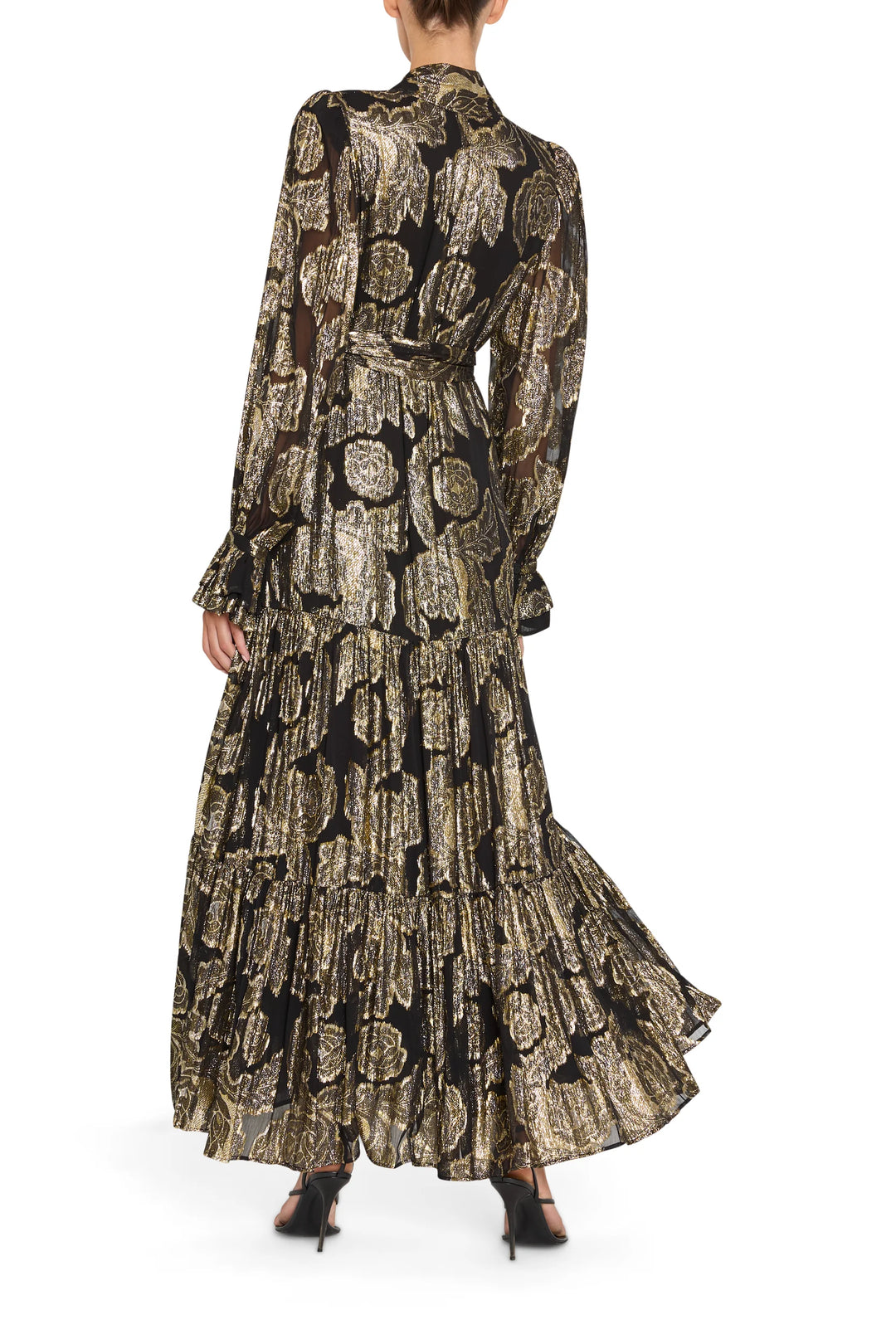 Rian Lurex Jacquard Long Dress, a metallic gold floral tiered midi dress with long sleeves, back view on white.