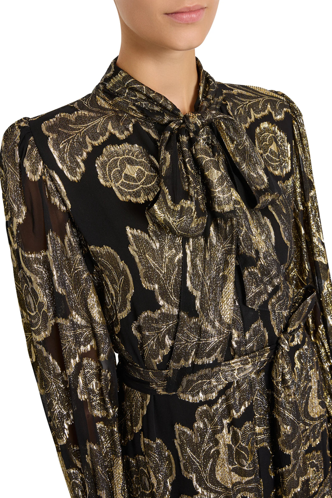 Rian Lurex Jacquard long-sleeved metallic floral tiered maxi dress with a pussy-bow neckline, front view on white.