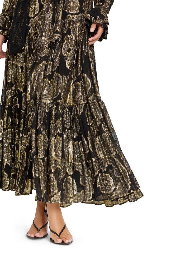 Rian Lurex Jacquard Long Dress: tiered midi dress in metallic floral jacquard with ruffled cuffs, front view on white.