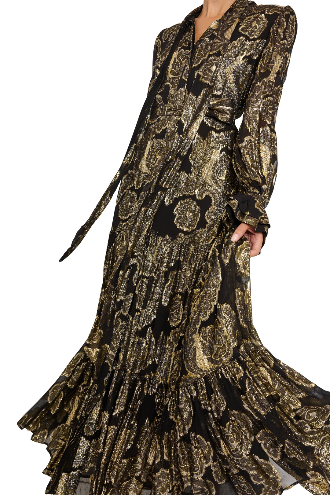 Rian Lurex Jacquard long dress: black and gold metallic floral tiered maxi with tie-neck and bishop sleeves, front view.