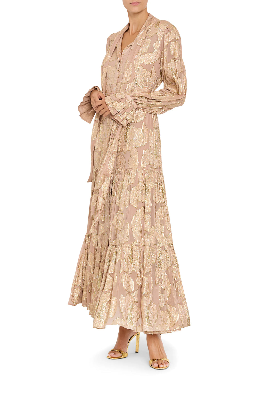 Rian Lurex Jacquard Long Dress, a metallic floral tiered maxi with tie-neck and ruffled cuffs, side view on model.