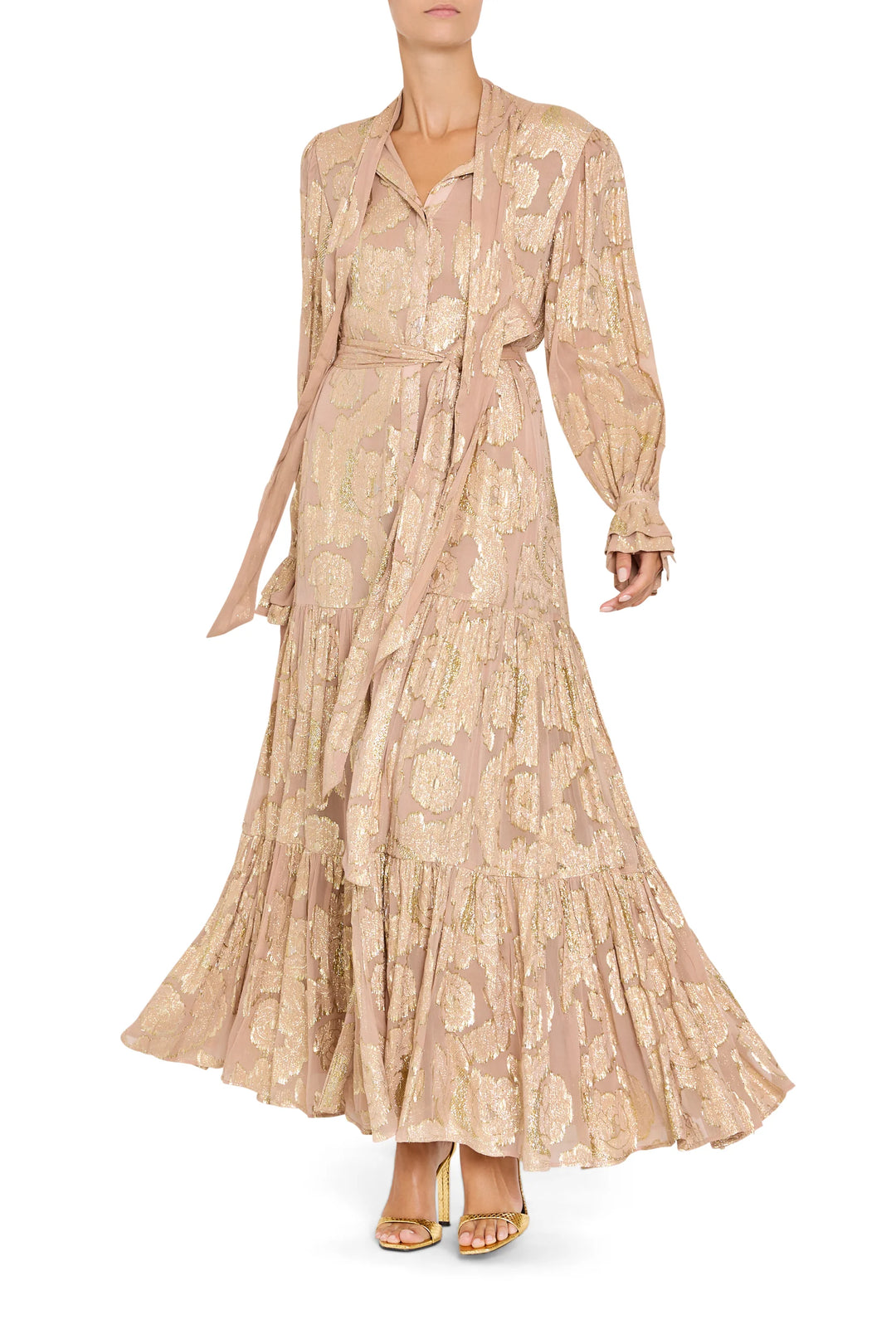 Rian Lurex Jacquard long-sleeved metallic floral maxi dress with tie-neck, tiered skirt, and waist sash, model view.