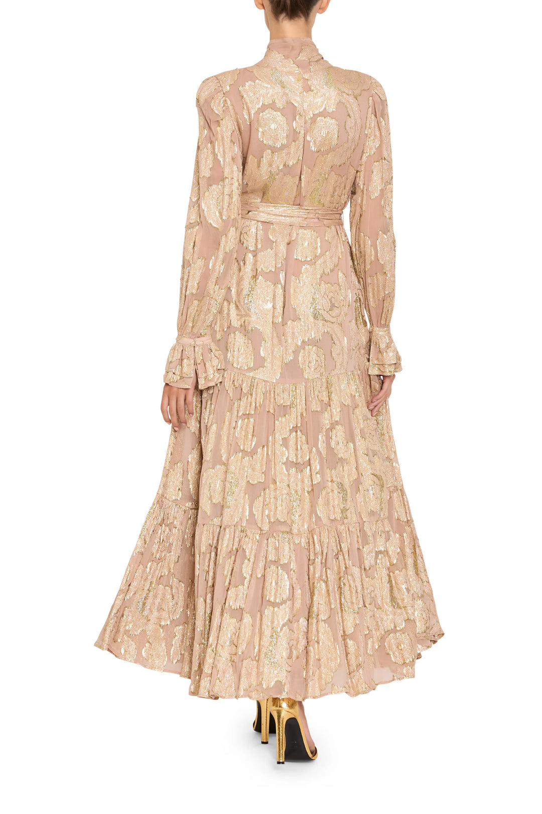 Rian Lurex Jacquard Long Dress, a tiered metallic floral maxi with a mock neck and tie waist, back view on model.