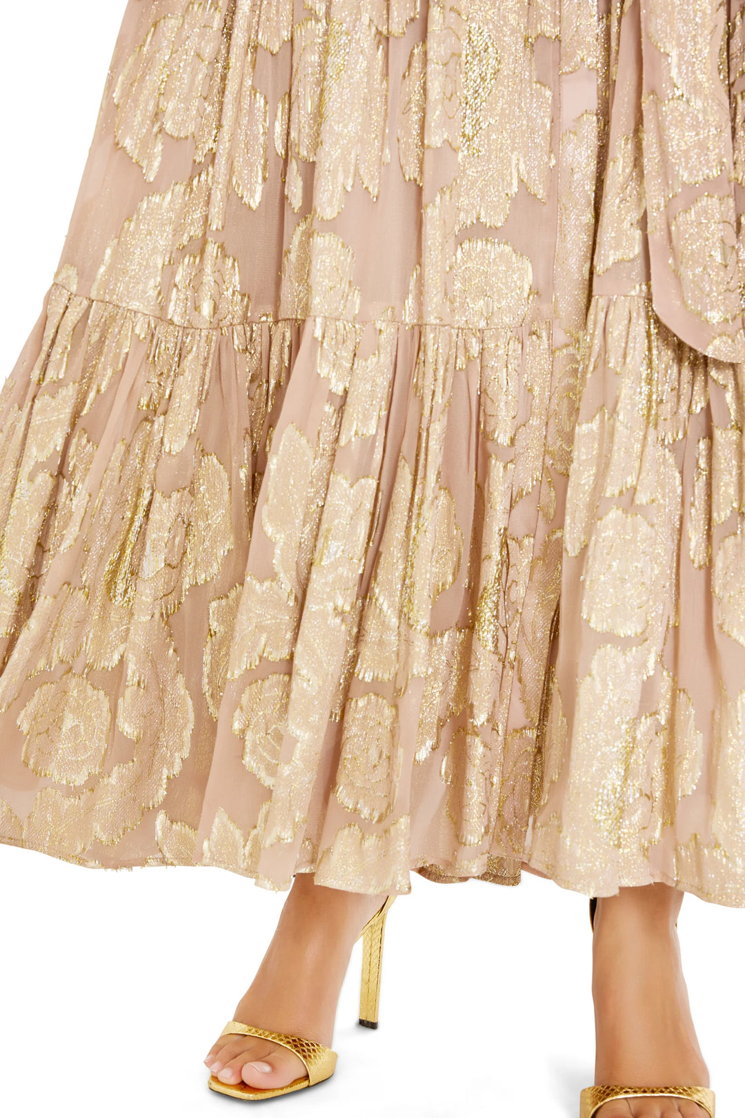 Rian Lurex Jacquard Long Dress, a tiered midi dress in metallic floral jacquard, detail view.