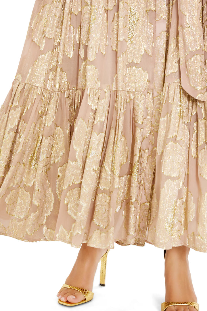 Rian Lurex Jacquard Long Dress, a tiered midi dress in metallic floral jacquard, detail view.