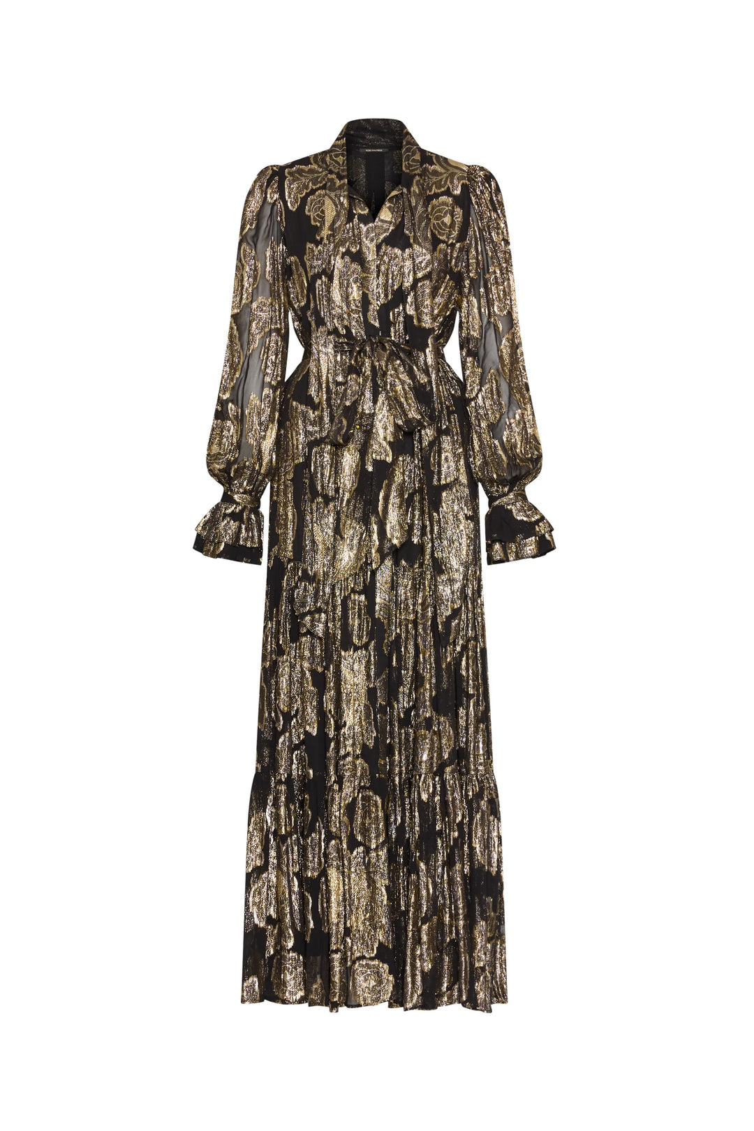 Rian Lurex Jacquard long dress with tiered maxi length, bishop sleeves, and tie, front view on white.