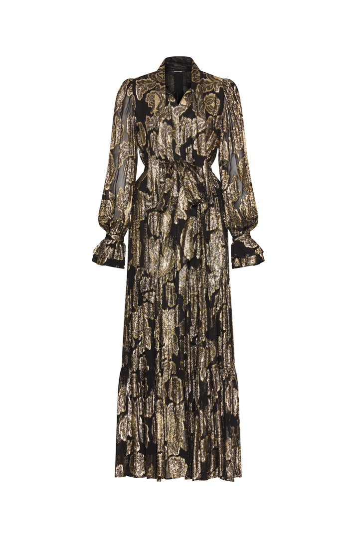Rian Lurex Jacquard long dress with tiered maxi length, bishop sleeves, and tie, front view on white.
