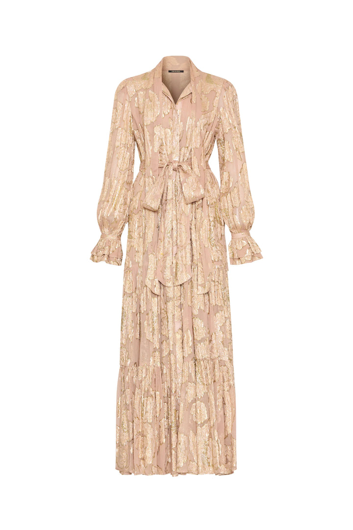 Rian Lurex Jacquard long dress: metallic floral tiered maxi dress with collar, button placket, belt, front view on white.