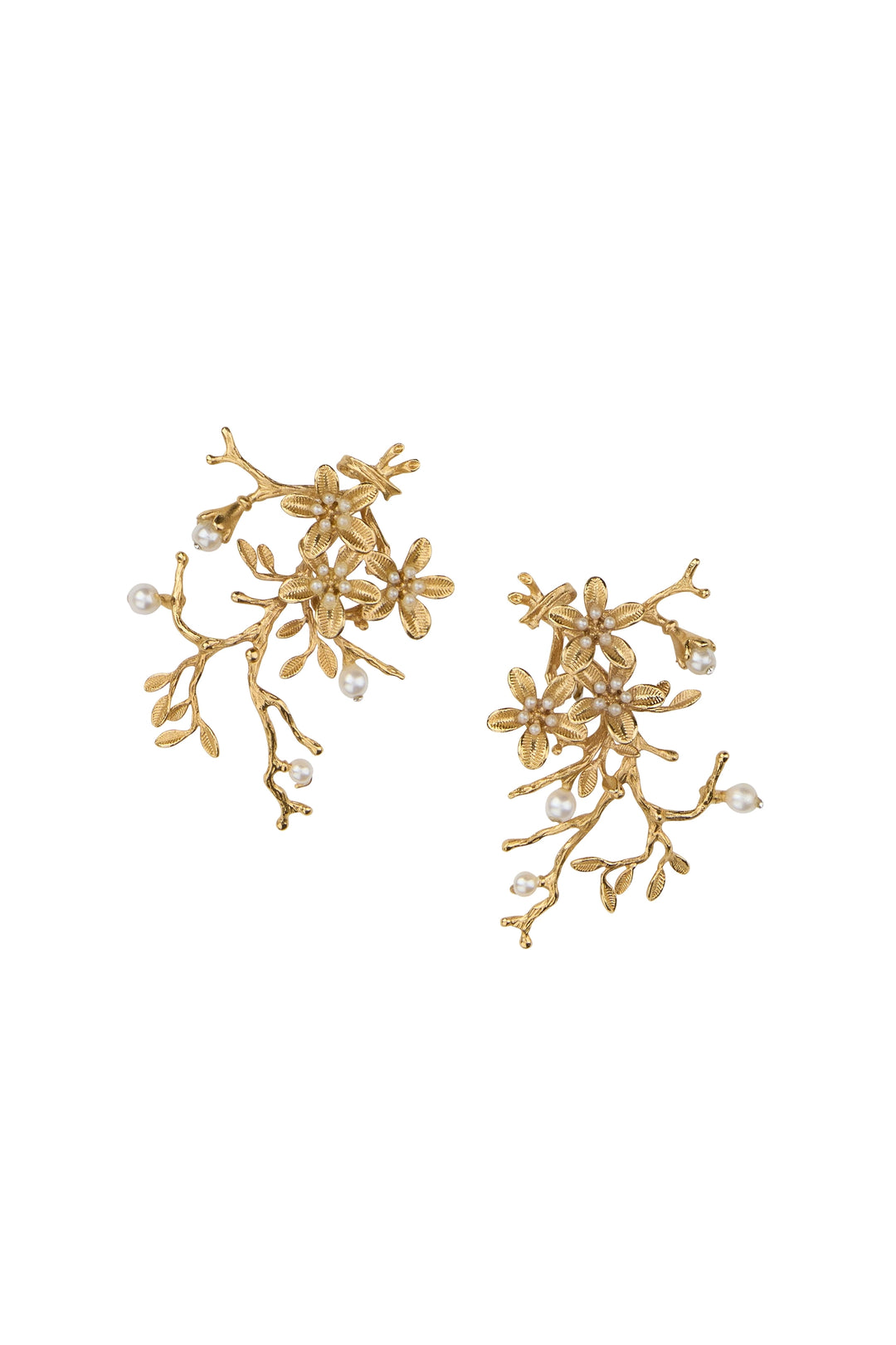 Hand-sculpted floral earrings with leaf, branch, and pearl accents in gold-tone metal; front view on white.