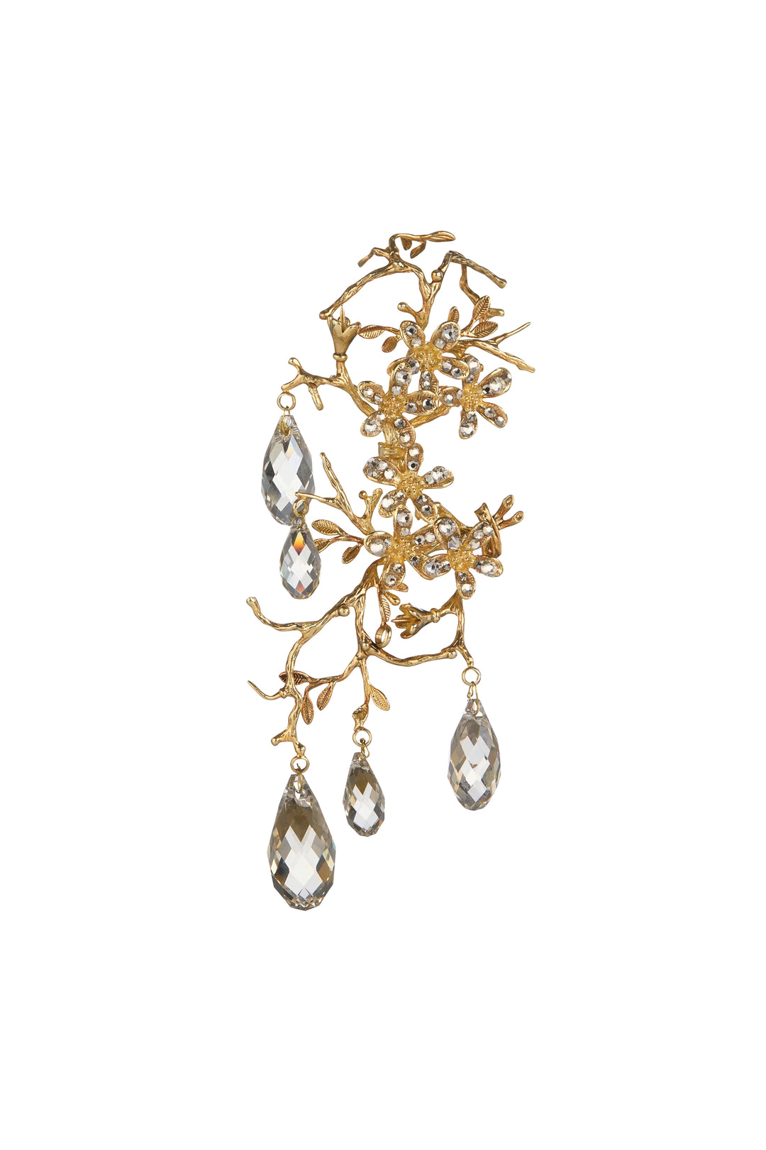 Branch-shaped gold earrings with teardrop crystal and gem embellishments, intricate design, front view on white.