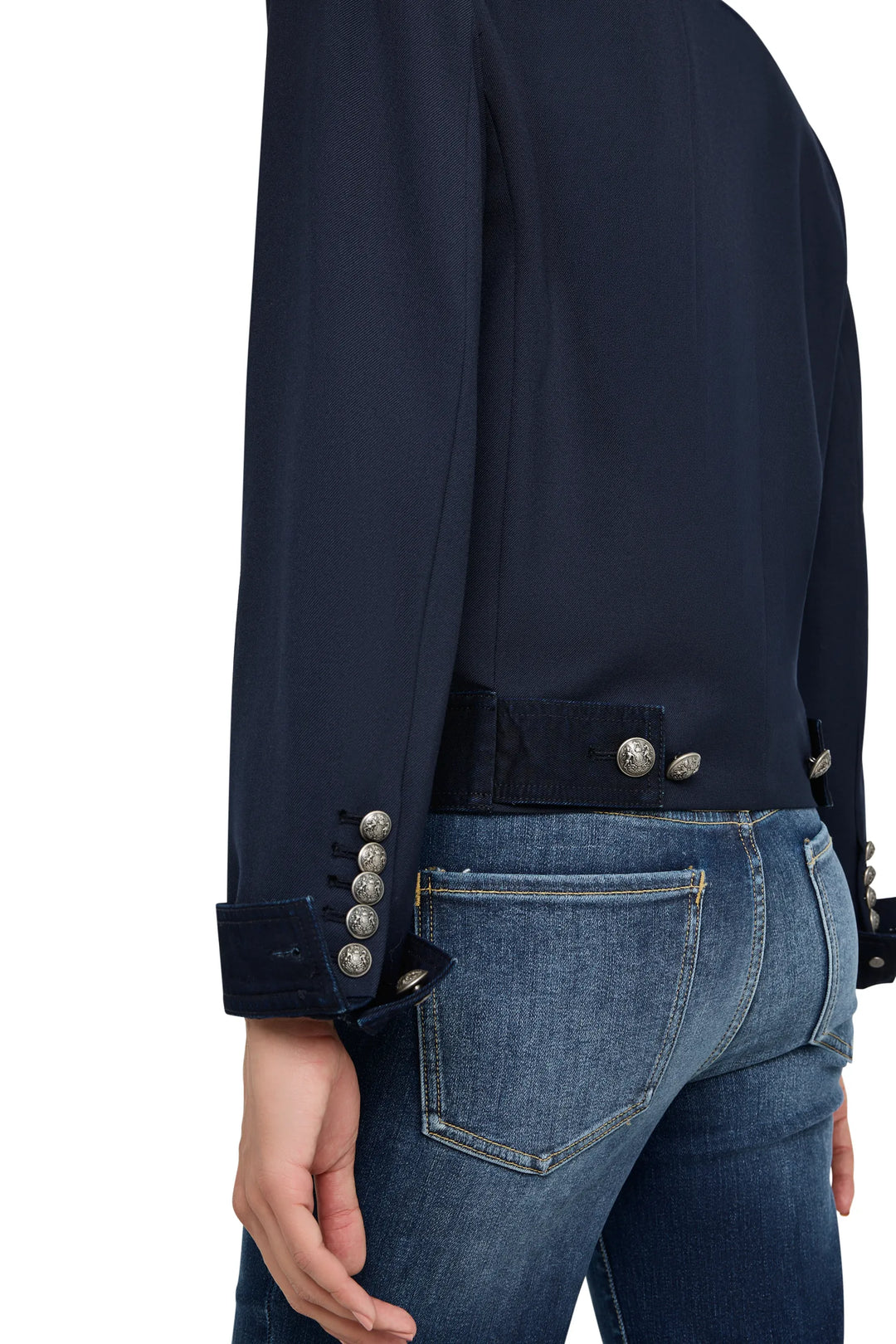 Relaxed-fit jacket with colorblock twill denim panels and classic collar, back view on model.