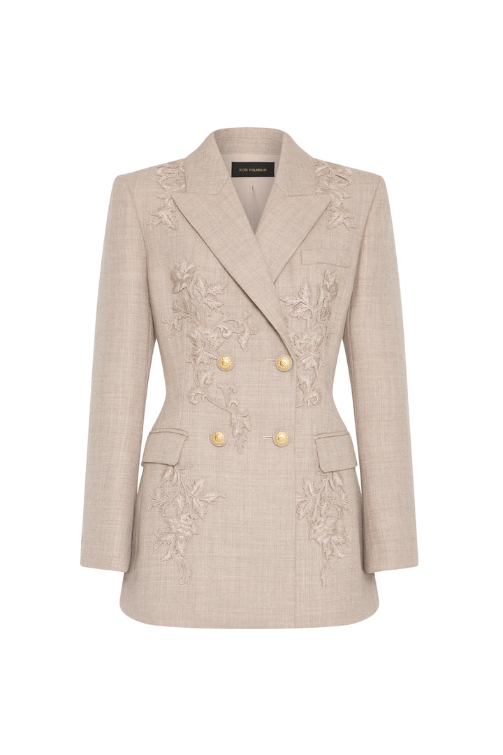 Beige double-breasted blazer, structured silhouette, gold buttons, floral embroidery front, front view on white.