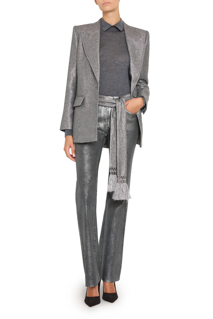 Trinity Metallic Wool Jacket with structured silhouette, matching belt, tailored seams; front view on model.