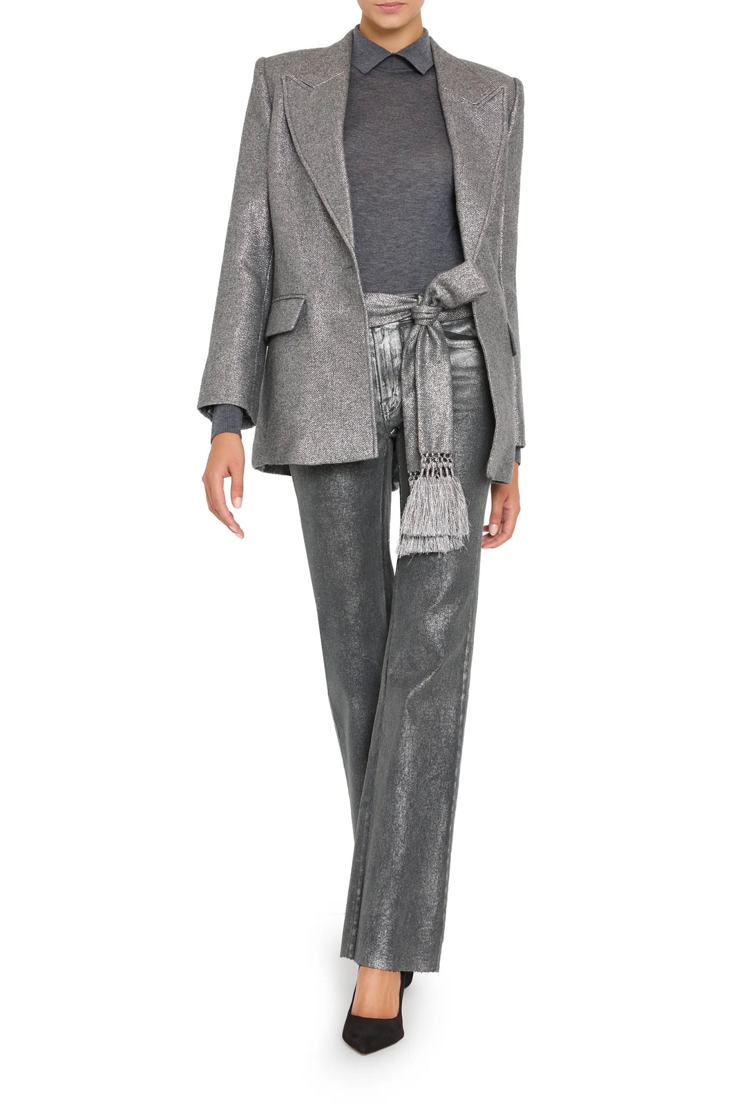 Trinity Metallic Wool Jacket with structured tailoring, belted waist, metallic wool fabric; front view on white.