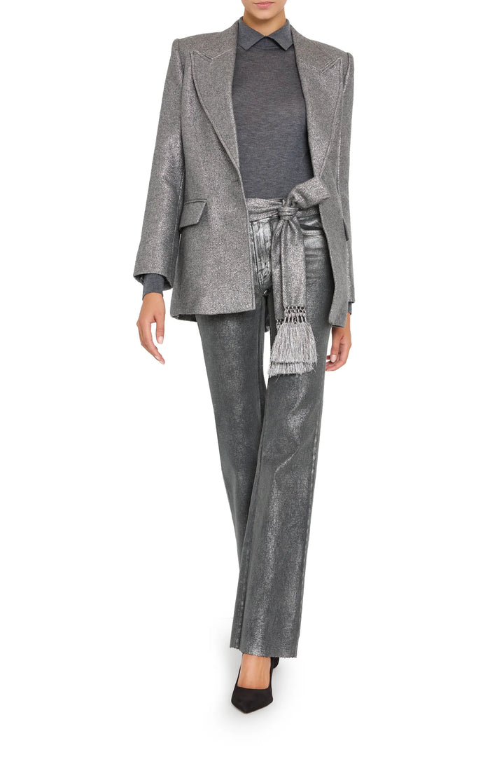 Trinity Metallic Wool Jacket with structured tailoring, belted waist, metallic wool fabric; front view on white.