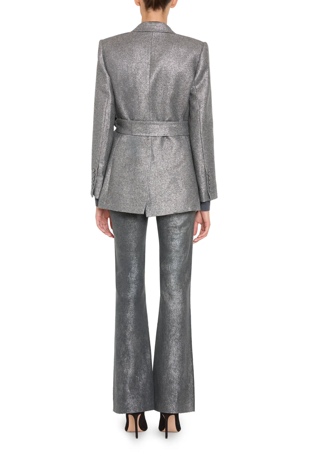 Trinity Metallic Wool Jacket with shiny finish, removable belt, tailored silhouette; front view on model.