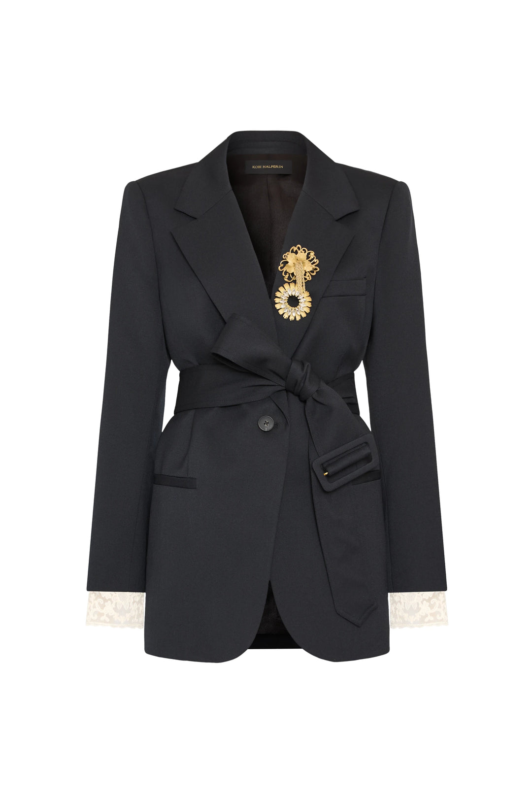 Jillian Jeweled Belted Blazer in tropical wool with sash belt, jewel brooch, and lace cuffs, front view on white.