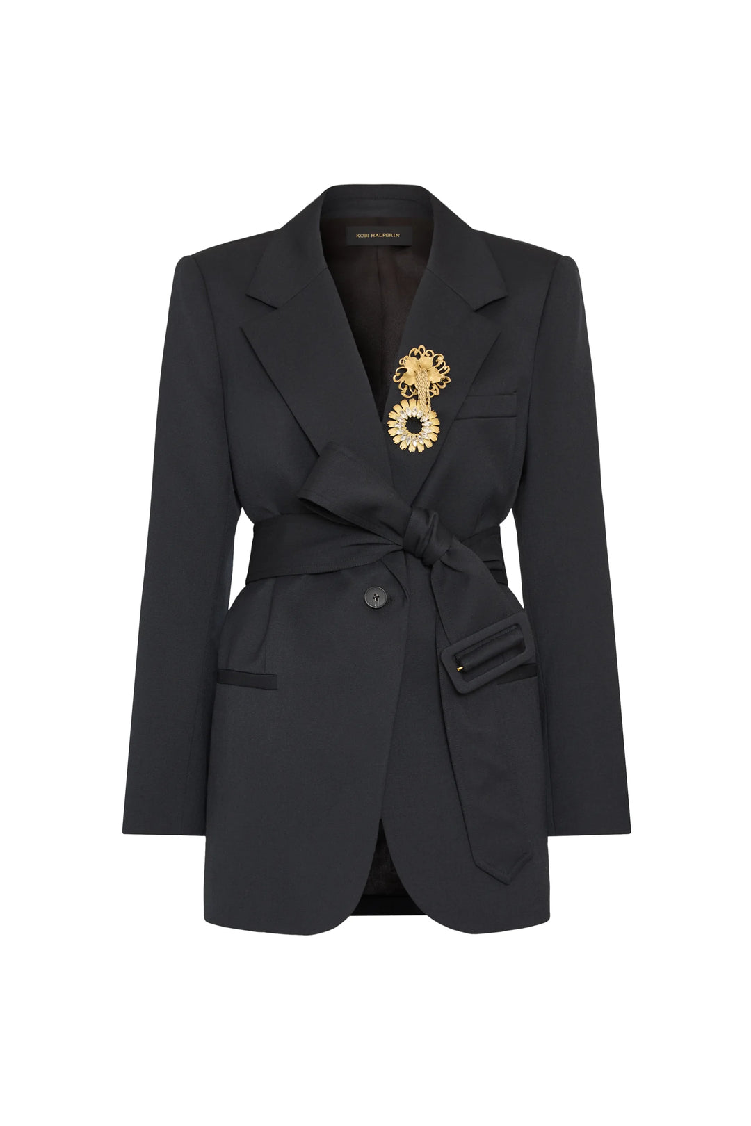 Jillian Jeweled Belted Blazer in tropical wool, notched lapels, removable lace cuffs, belt, gold brooch. Front view.
