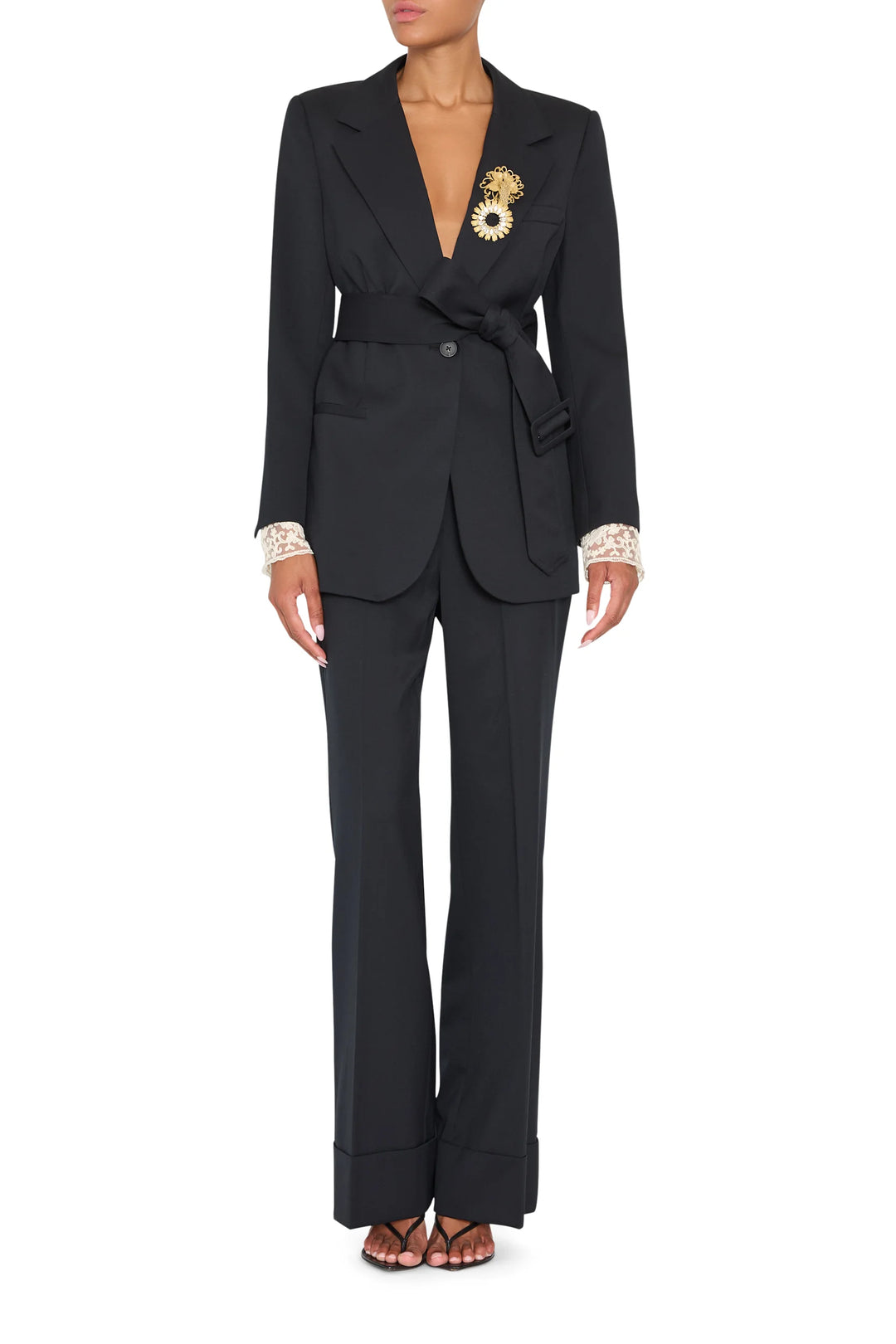 Jillian Jeweled Belted Blazer in black tropical wool with notched lapel and lace cuffs, front view on model.