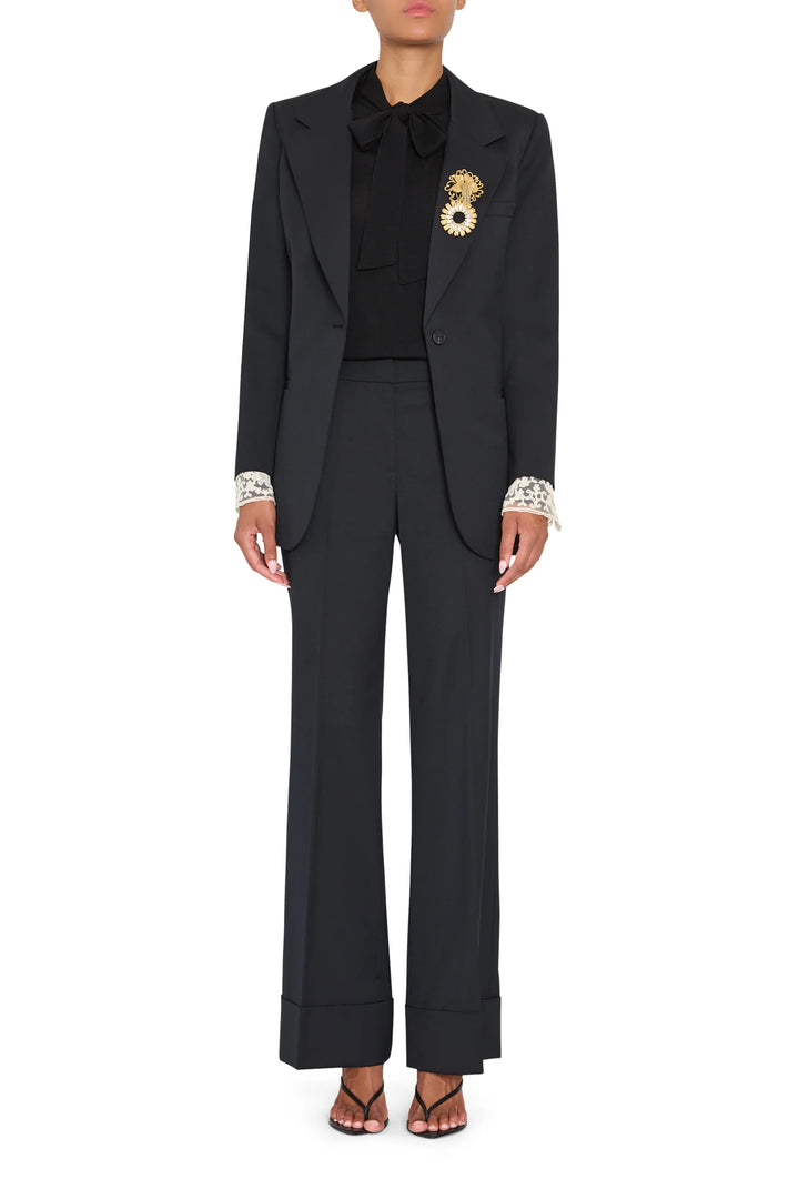 Jillian Jeweled Belted Blazer in tropical wool with notched lapel and waist belt, front view on model.