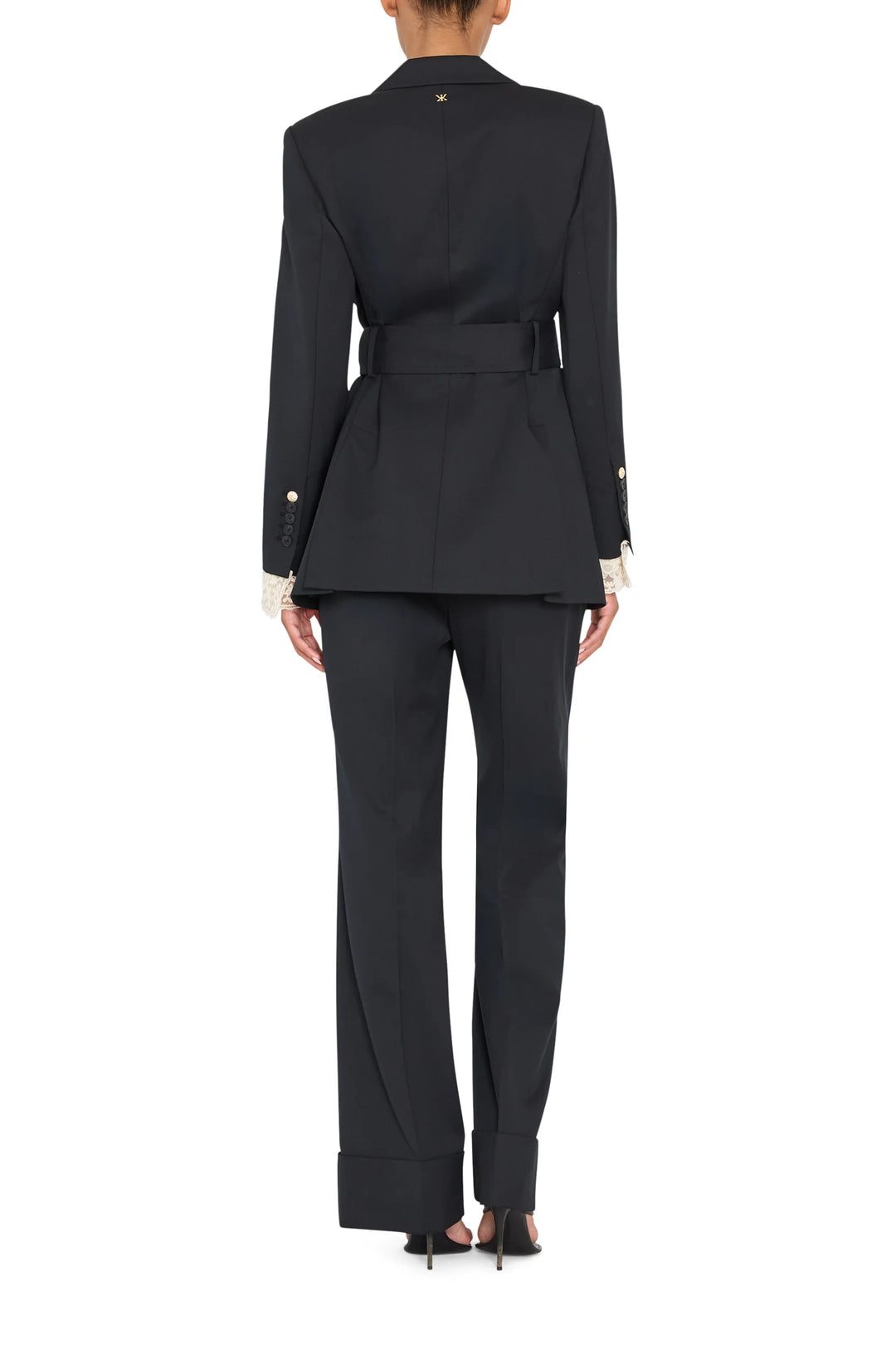 Jillian Jeweled Belted Blazer with structured shoulders, belted waist, and removable lace cuffs, back view.
