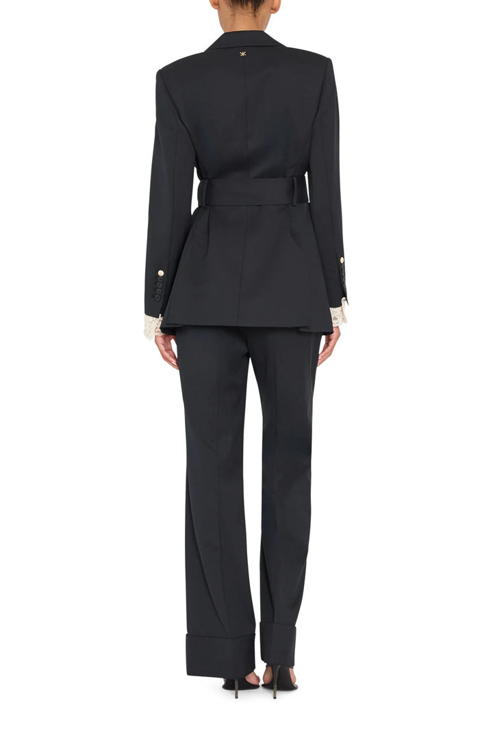 Jillian Jeweled Belted Blazer with structured shoulders, belted waist, and removable lace cuffs, back view.