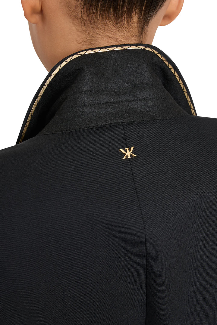 Jillian Jeweled Belted Blazer collar with metallic trim and gold logo at nape, detail view.