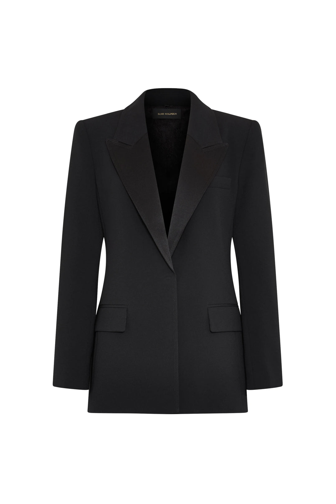 Tailored crepe blazer with satin lapels, structured shoulders, two flap pockets. Front view on white.
