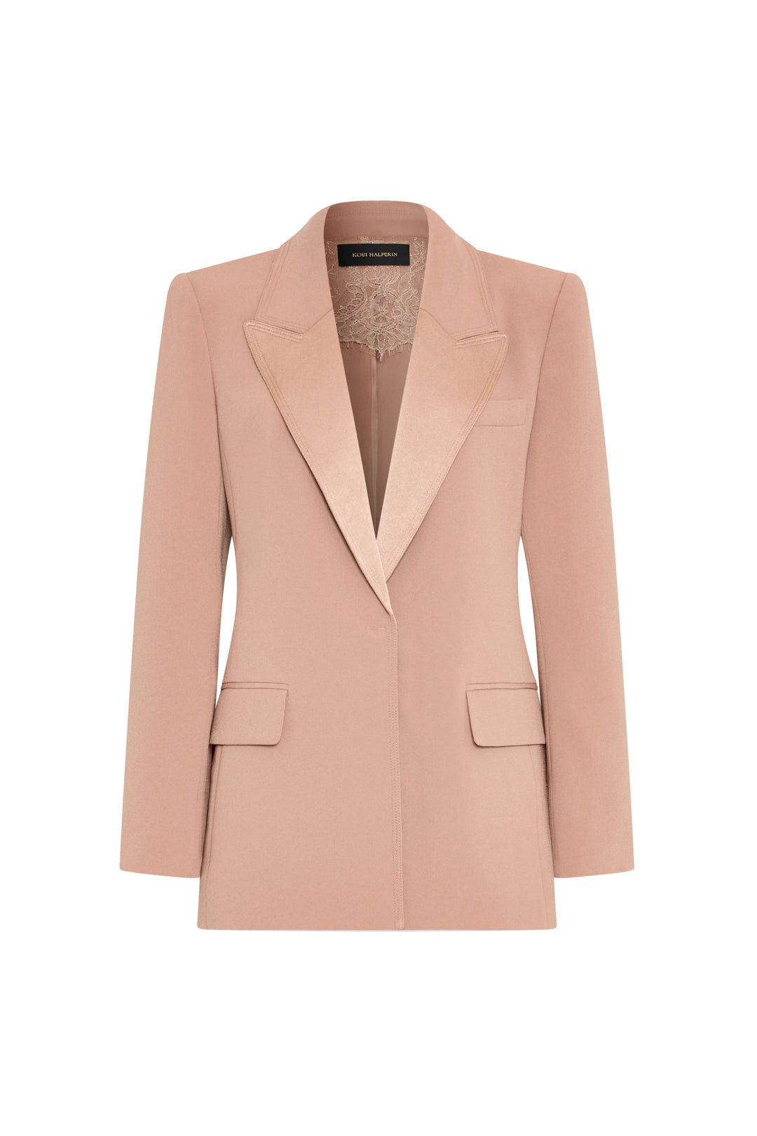 Tailored satin-back crepe blazer with flap pockets, lace inside collar, single-breasted; front view on white.
