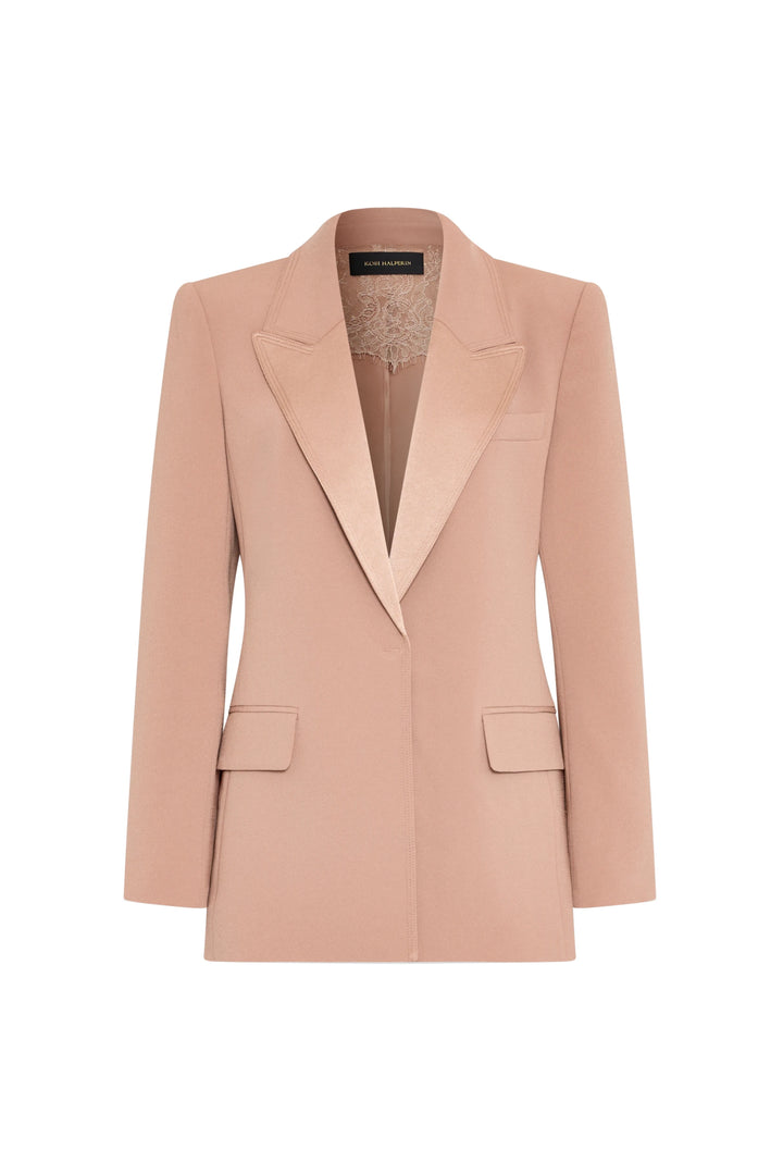Tailored satin-back crepe blazer with flap pockets, lace inside collar, single-breasted; front view on white.
