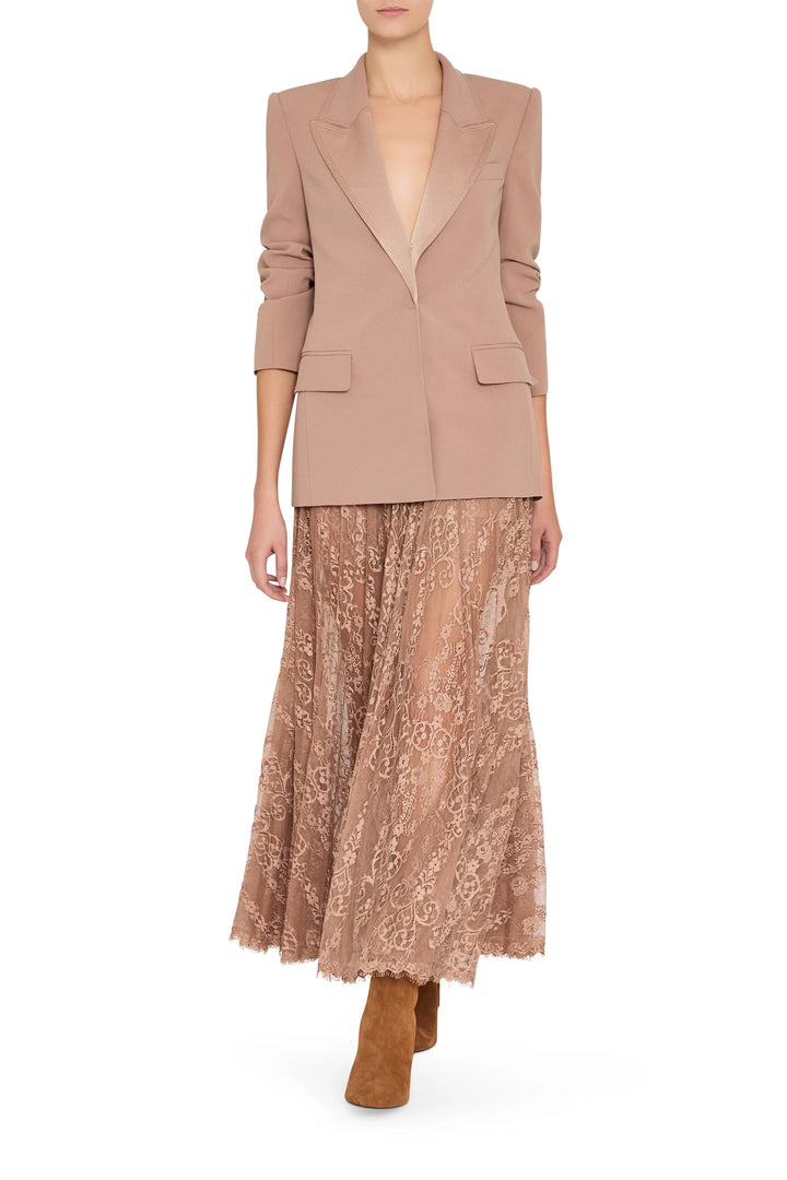 Tailored satin back crepe blazer with notched lapels, single-breasted—front view on white.