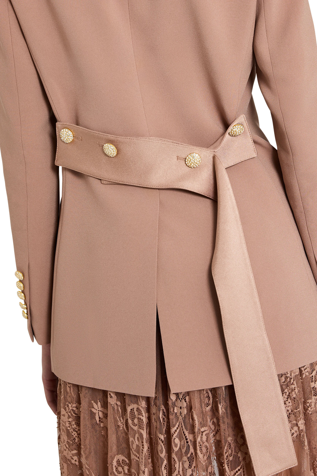 Single-breasted crepe blazer with gold buttons, notched collar, tied belt; back view on model.