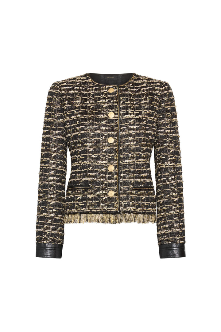Jordan Lurex Tweed Jacket: metallic bouclé, round neck, gold-tone buttons, piped pockets, fringed hem, front view white.
