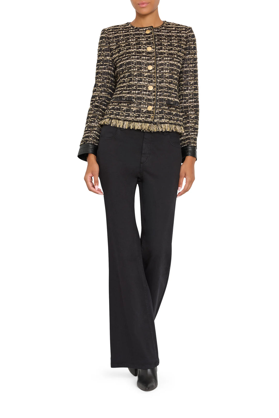 Jordan Lurex Tweed metallic bouclé jacket with round neckline, gold-tone buttons, and fringed hem, front view on white.