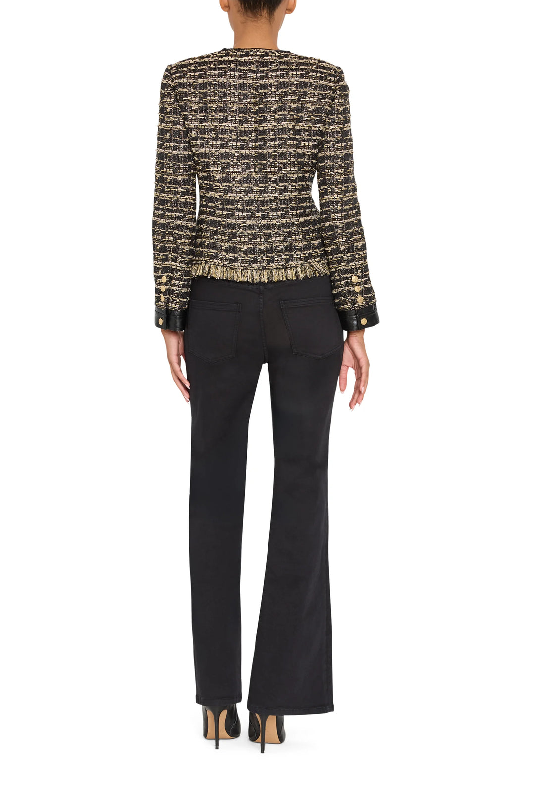 Jordan Lurex Tweed metallic bouclé jacket with frayed hem and gold-tone cuff buttons, back view on model.