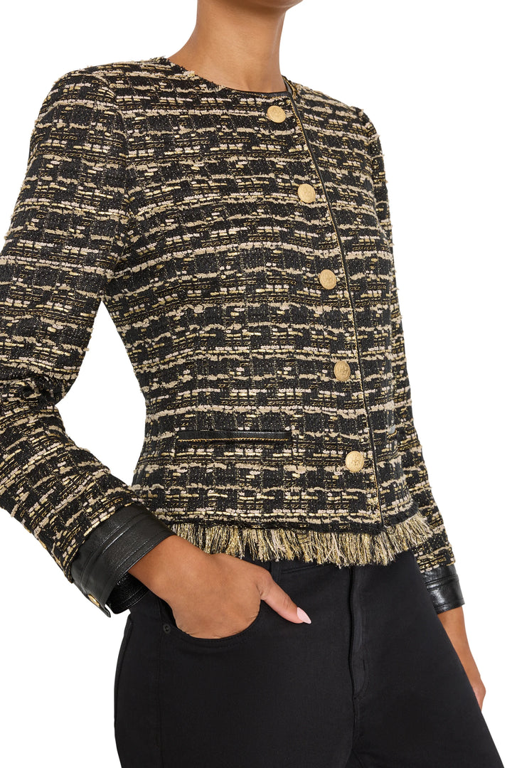 Jordan Lurex Tweed Jacket with gold buttons, vegan leather trim, welt pockets, and frayed hem, side view on model.