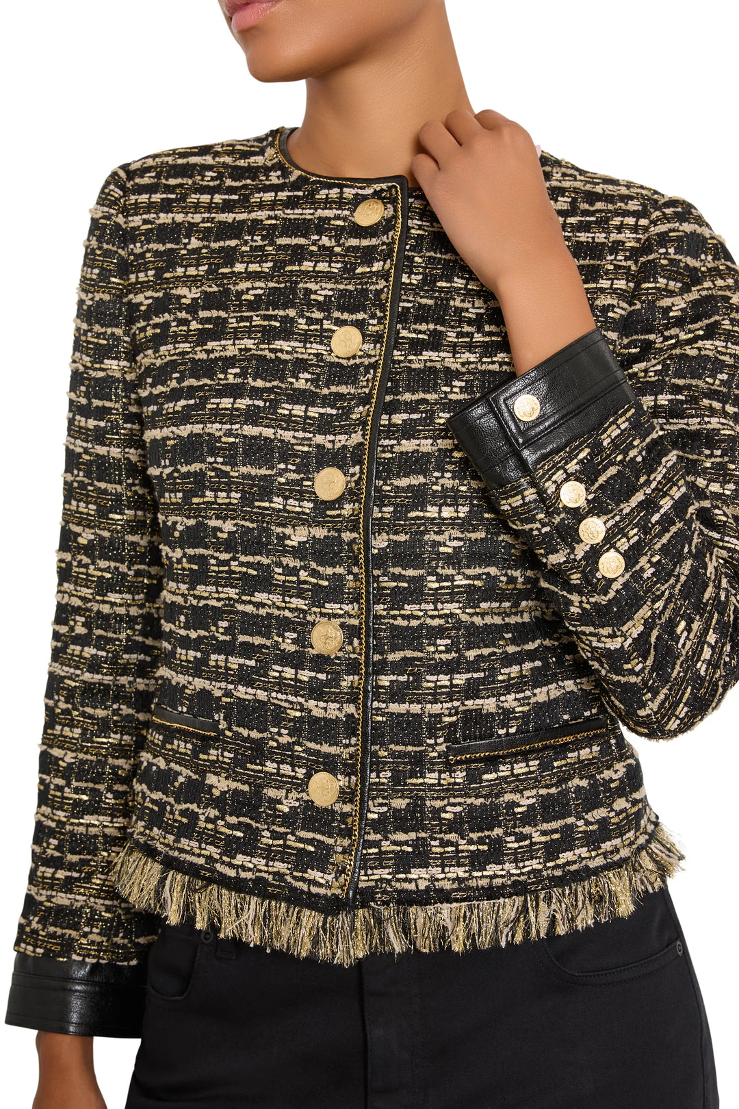 Jordan Lurex Tweed metallic bouclé jacket with vegan leather trim, gold buttons, and frayed hem, front view on model.