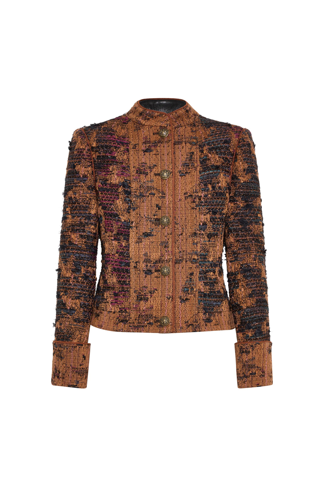Tailored brown/black Italian tweed jacket, gold buttons, long sleeves, defined silhouette, front view on white.