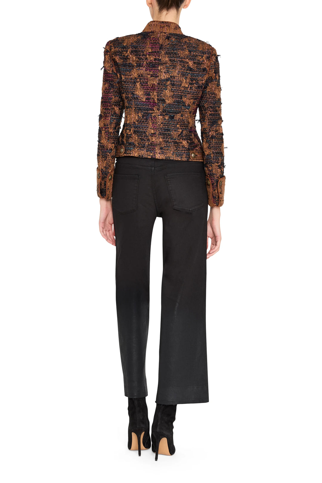 Tweed jacket with tailored silhouette, structured shoulders, button front; back view on model.