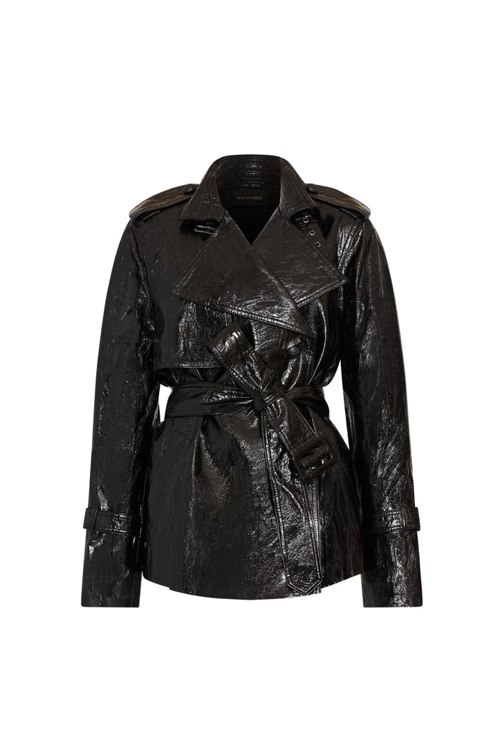 Cropped vegan leather trench with belted waist, wide lapels, epaulets, structured cut; front view on white.