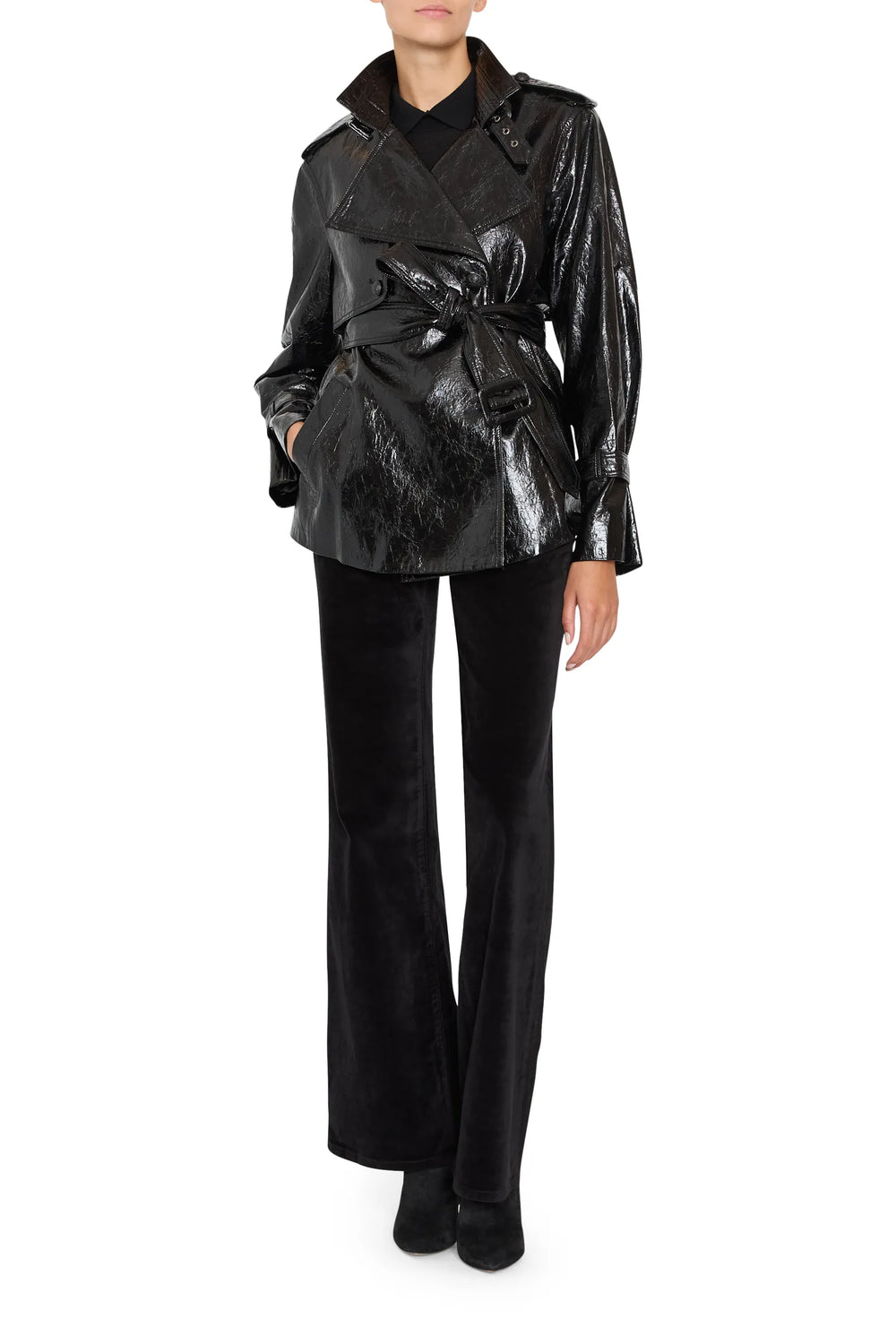 Cropped vegan leather trench with structured collar, button front, and belted waist, front view on white.