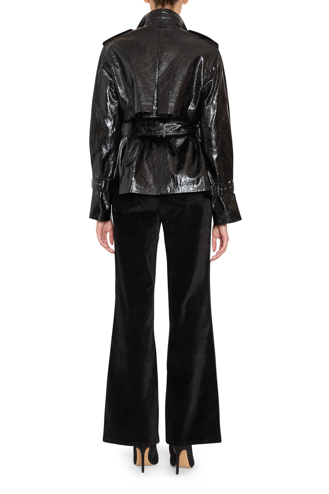Cropped vegan leather trench with structured shoulders, wide lapels, and button front; back view on model.