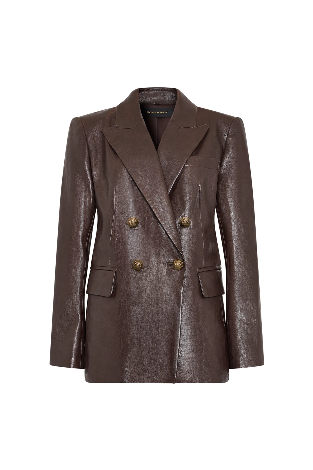 Double breasted blazer in vegan leather with notched lapels, gold buttons, structured silhouette; front view on white.