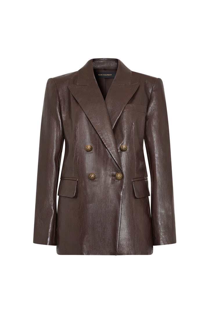 Double breasted blazer in vegan leather with notched lapels, gold buttons, structured silhouette; front view on white.