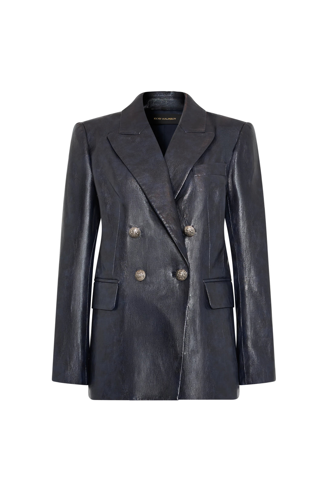 Double breasted vegan leather blazer, tailored silhouette, silver buttons, flap pockets; front view on white.