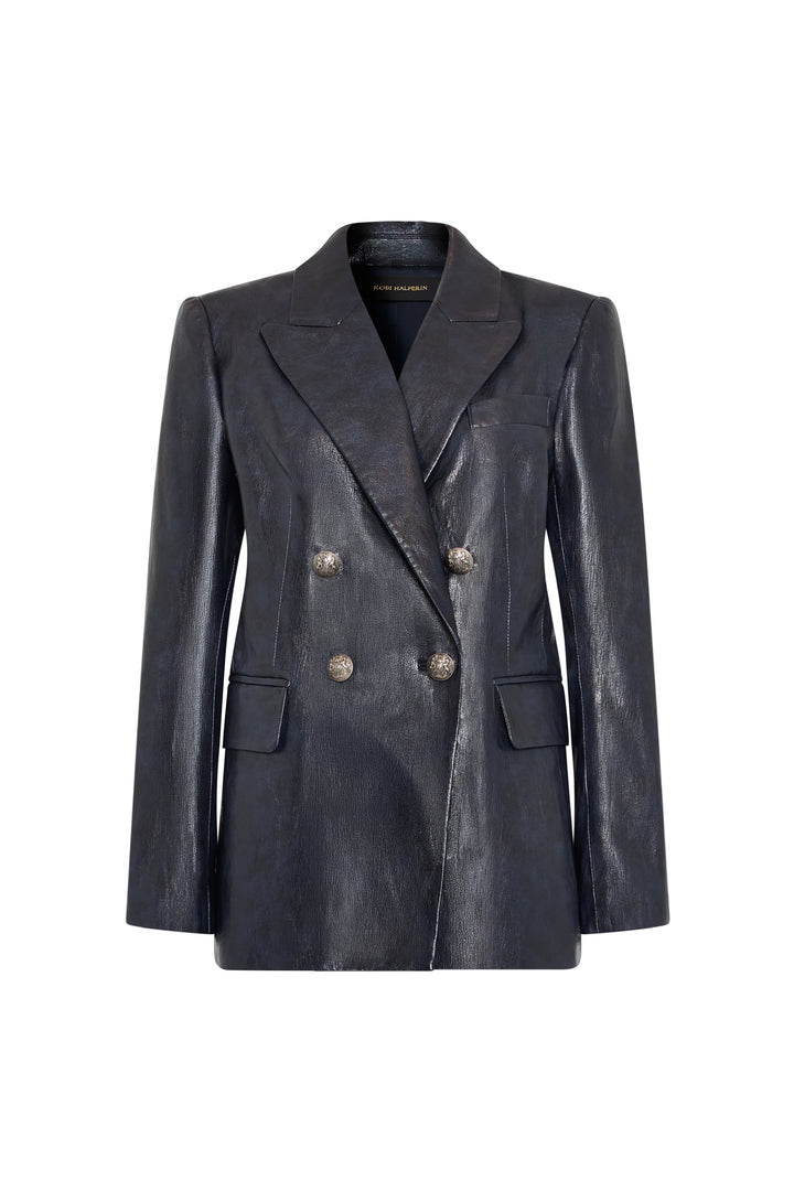 Double breasted vegan leather blazer, tailored silhouette, silver buttons, flap pockets; front view on white.